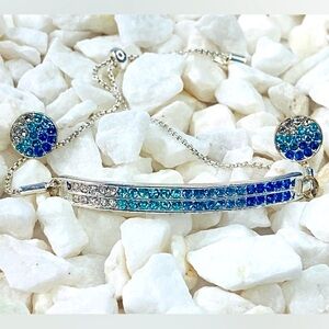 Silver tone Blue Gradient Crystal Bar Bracelet w matching earrings